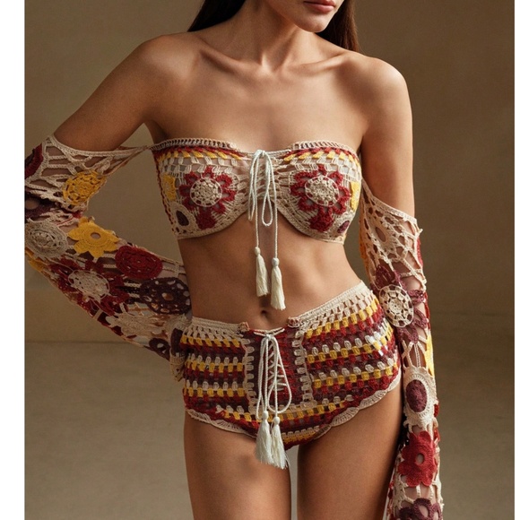 Boho Colorful Floral Crochet Semi Sheer Bikini Swimsuit Set - Picture 6 of 7